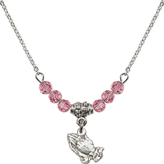 Sterling Silver Praying Hands Birthstone Necklace with Rose Beads - 0220