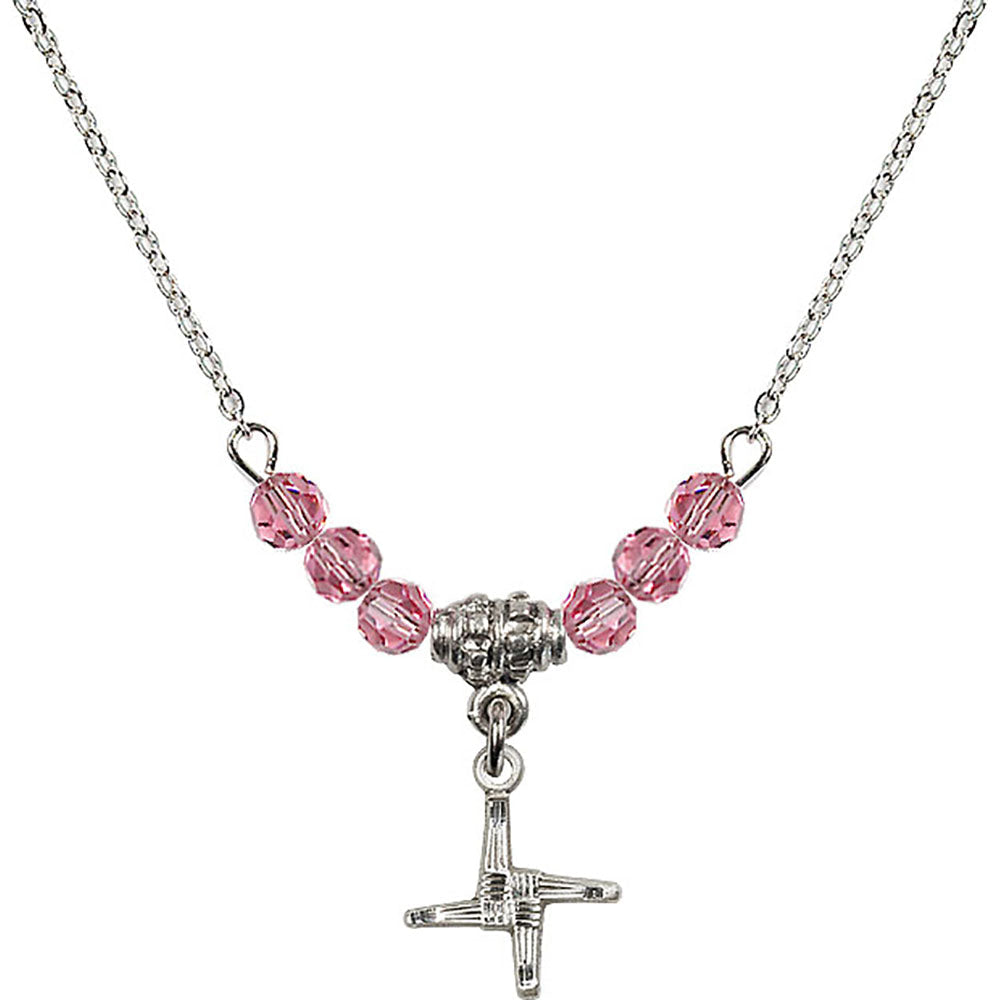 Sterling Silver Saint Brigid Cross Birthstone Necklace with Rose Beads - 0291