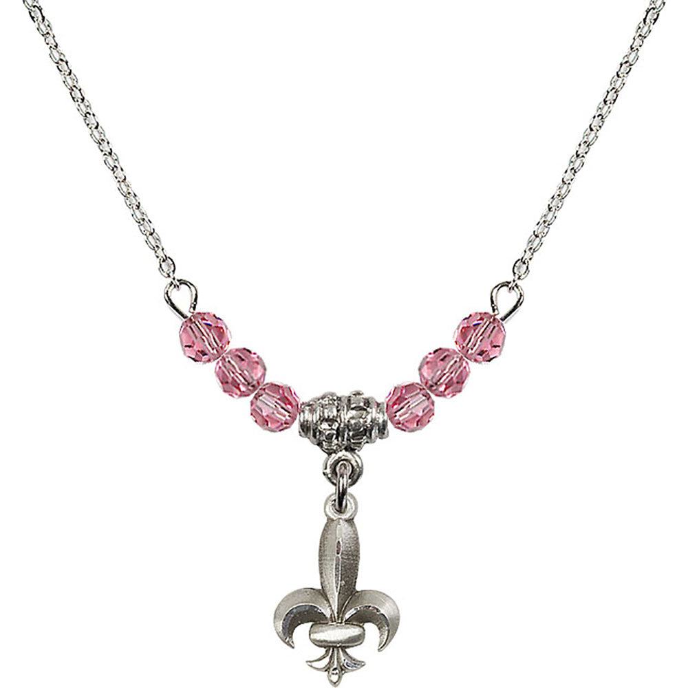 Sterling Silver Fleur de Lis Birthstone Necklace with Rose Beads - 0293