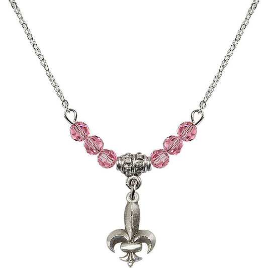 Sterling Silver Fleur de Lis Birthstone Necklace with Rose Beads - 0293