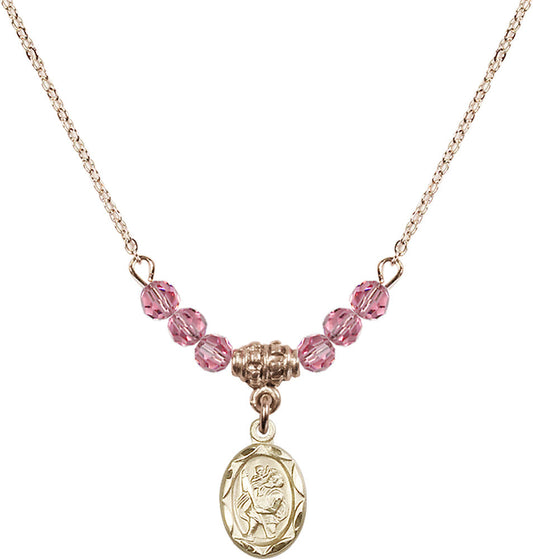 14kt Gold Filled Saint Christopher Birthstone Necklace with Rose Beads - 0301