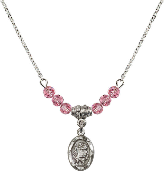 Sterling Silver Saint Christopher Birthstone Necklace with Rose Beads - 0301