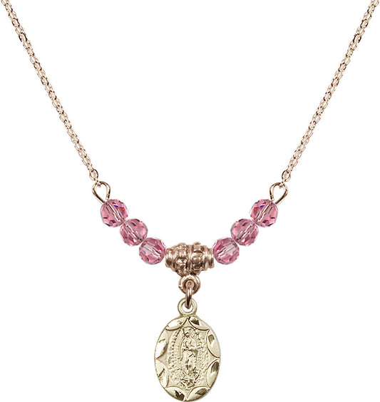 14kt Gold Filled Our Lady of Guadalupe Birthstone Necklace with Rose Beads - 0301
