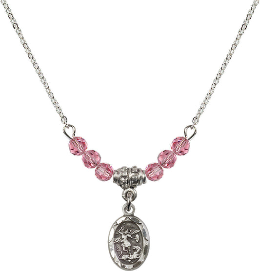 Sterling Silver Saint Michael the Archangel Birthstone Necklace with Rose Beads - 0301