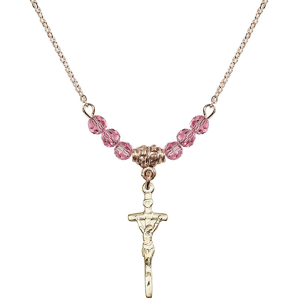 14kt Gold Filled Papal Crucifix Birthstone Necklace with Rose Beads - 0563