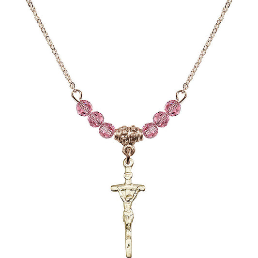 14kt Gold Filled Papal Crucifix Birthstone Necklace with Rose Beads - 0563