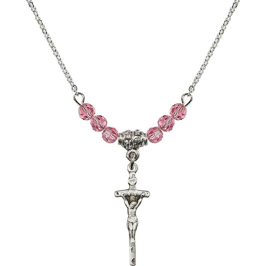 Sterling Silver Papal Crucifix Birthstone Necklace with Rose Beads - 0563