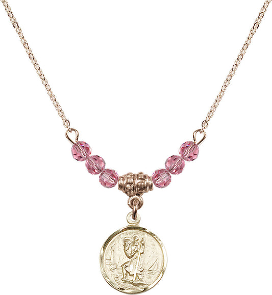 14kt Gold Filled Saint Christopher Birthstone Necklace with Rose Beads - 0601