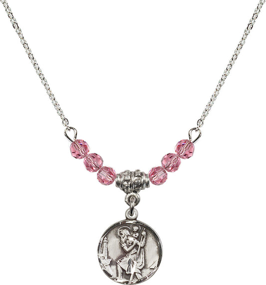 Sterling Silver Saint Christopher Birthstone Necklace with Rose Beads - 0601