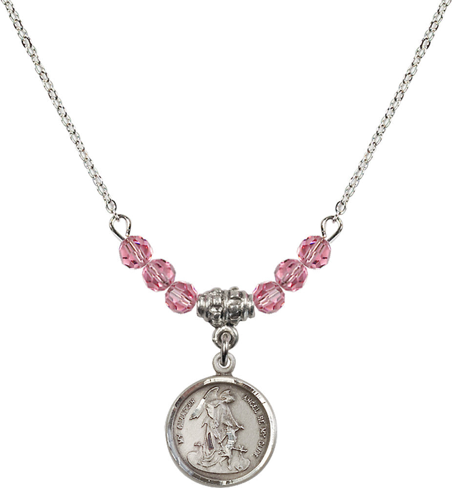 Sterling Silver Guardian Angel Birthstone Necklace with Rose Beads - 0601