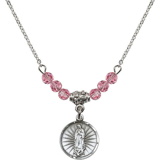 Sterling Silver Our Lady of Guadalupe Birthstone Necklace with Rose Beads - 0601