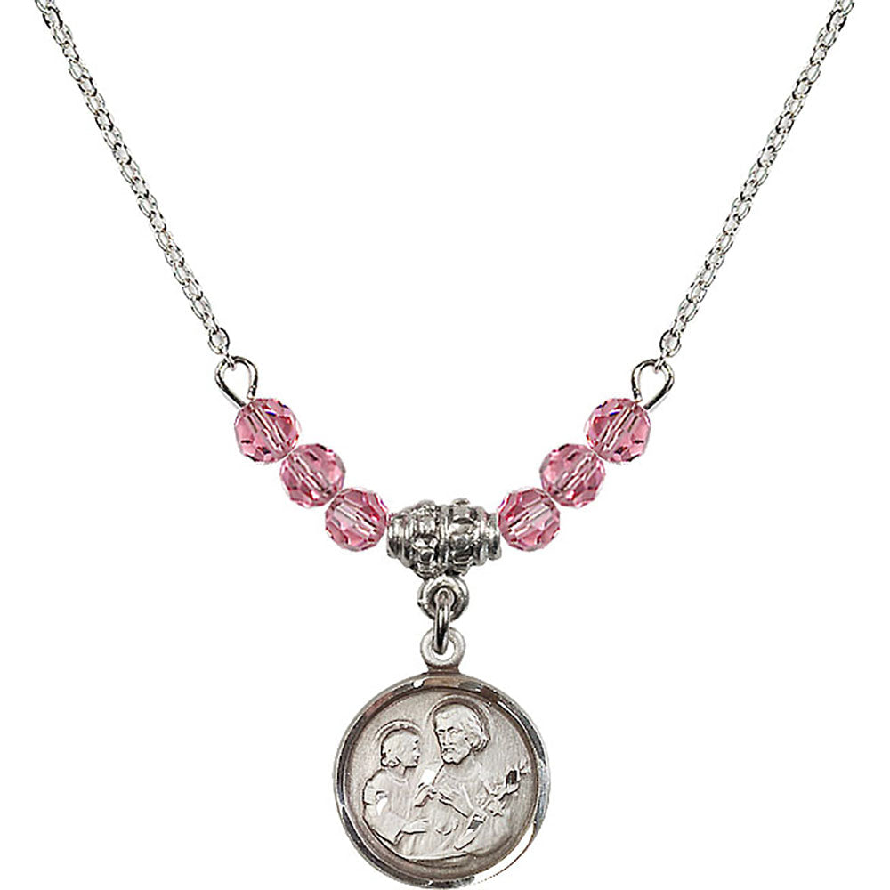 Sterling Silver Saint Joseph Birthstone Necklace with Rose Beads - 0601