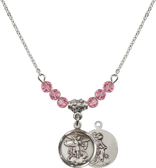 Sterling Silver Saint Michael the Archangel Birthstone Necklace with Rose Beads - 0601