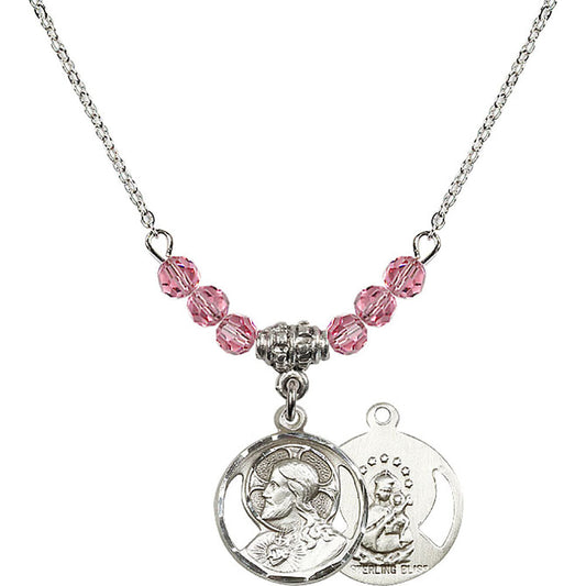 Sterling Silver Scapular Birthstone Necklace with Rose Beads - 0611
