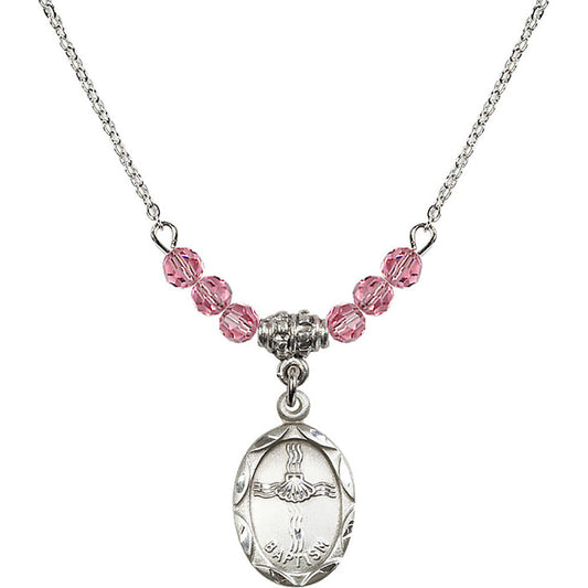 Sterling Silver Baptism Birthstone Necklace with Rose Beads - 0612