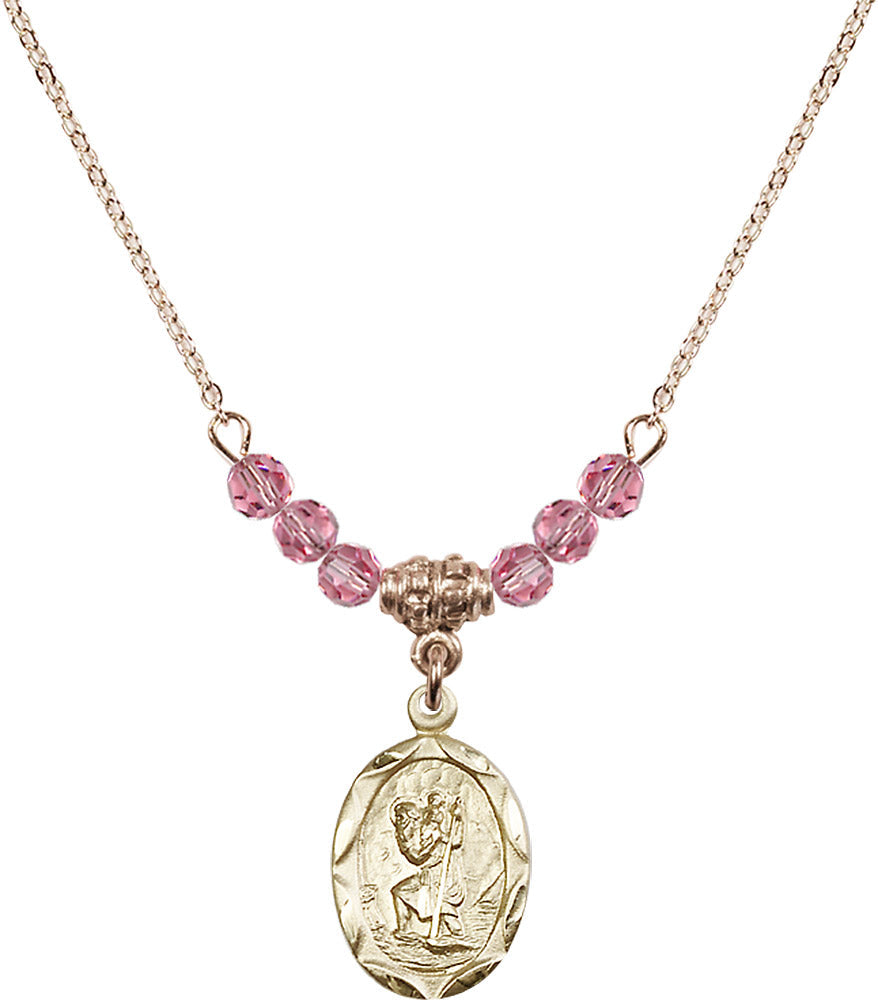 14kt Gold Filled Saint Christopher Birthstone Necklace with Rose Beads - 0612