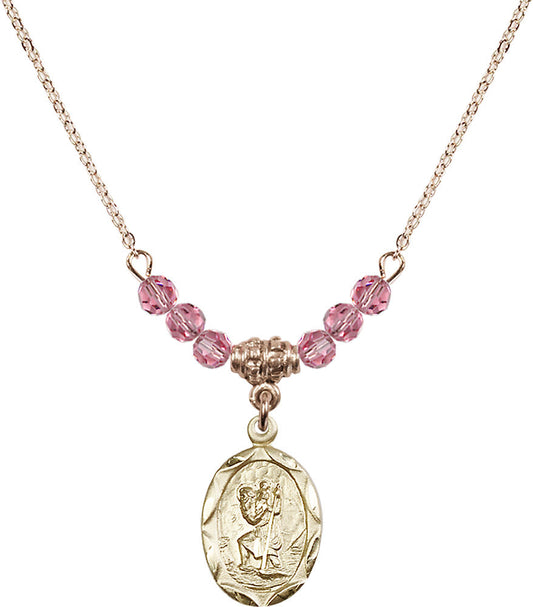 14kt Gold Filled Saint Christopher Birthstone Necklace with Rose Beads - 0612