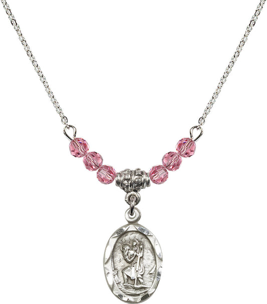 Sterling Silver Saint Christopher Birthstone Necklace with Rose Beads - 0612