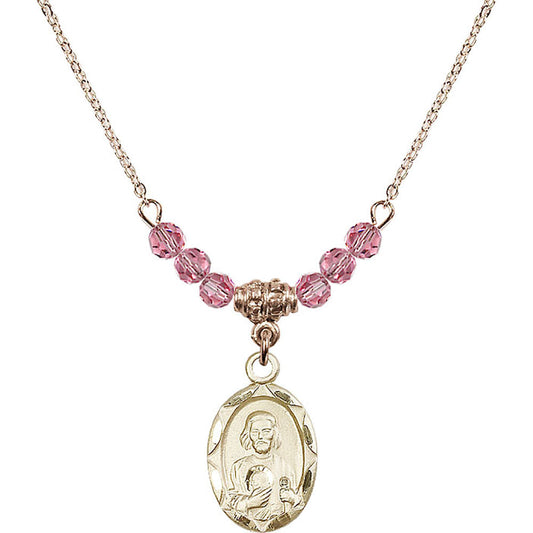 14kt Gold Filled Saint Jude Birthstone Necklace with Rose Beads - 0612
