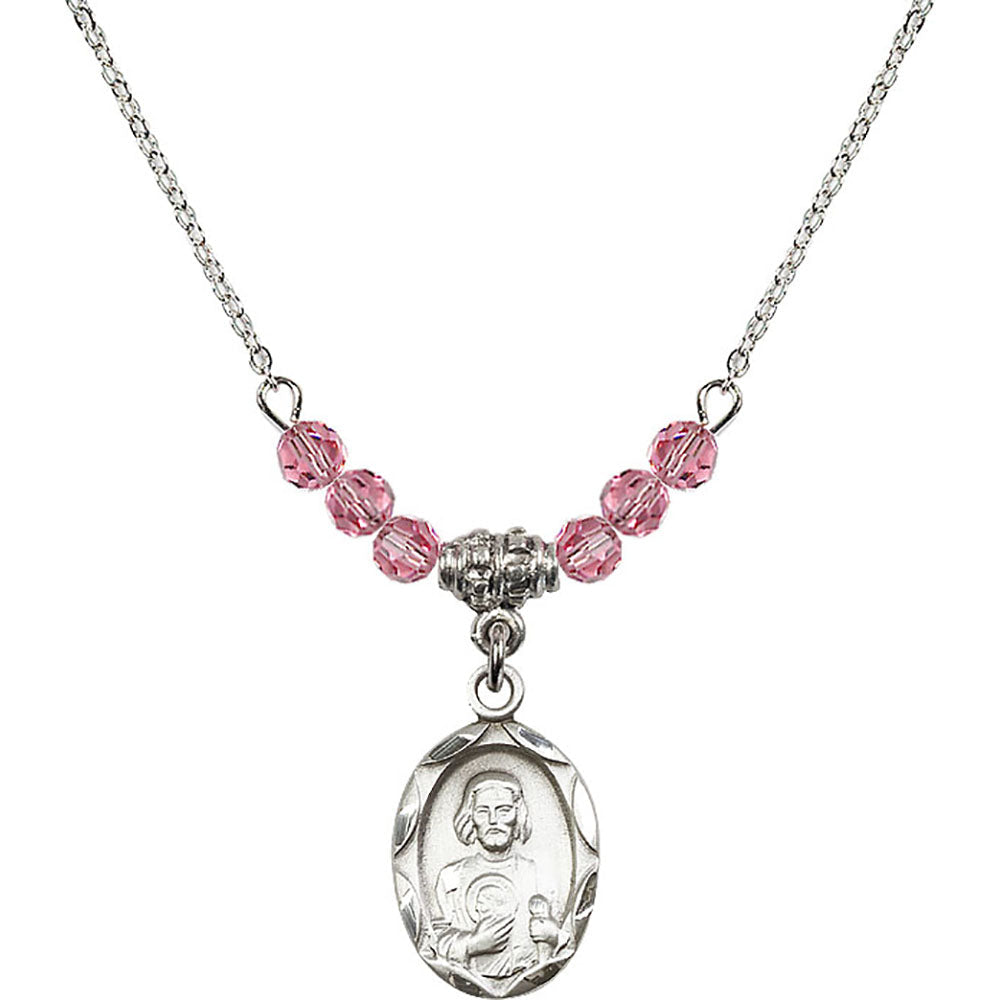 Sterling Silver Saint Jude Birthstone Necklace with Rose Beads - 0612