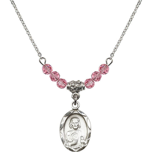 Sterling Silver Saint Jude Birthstone Necklace with Rose Beads - 0612