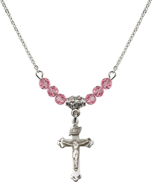 Sterling Silver Crucifix Birthstone Necklace with Rose Beads - 0669