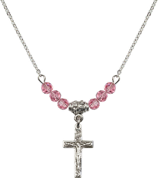 Sterling Silver Crucifix Birthstone Necklace with Rose Beads - 0672