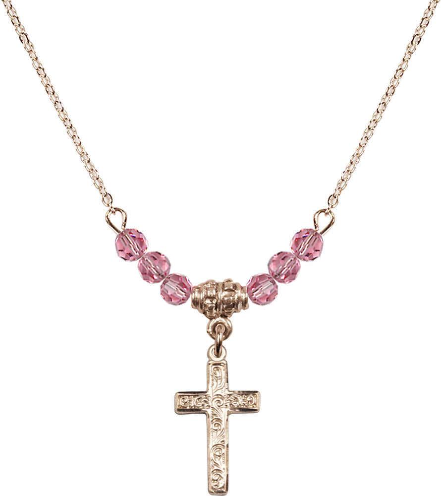 14kt Gold Filled Cross Birthstone Necklace with Rose Beads - 0672