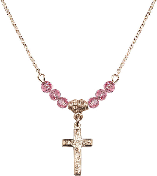 14kt Gold Filled Cross Birthstone Necklace with Rose Beads - 0672