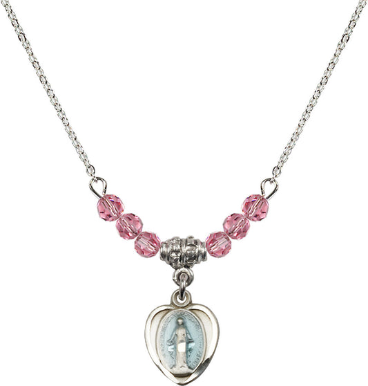 Sterling Silver Miraculous Birthstone Necklace with Rose Beads - 0706