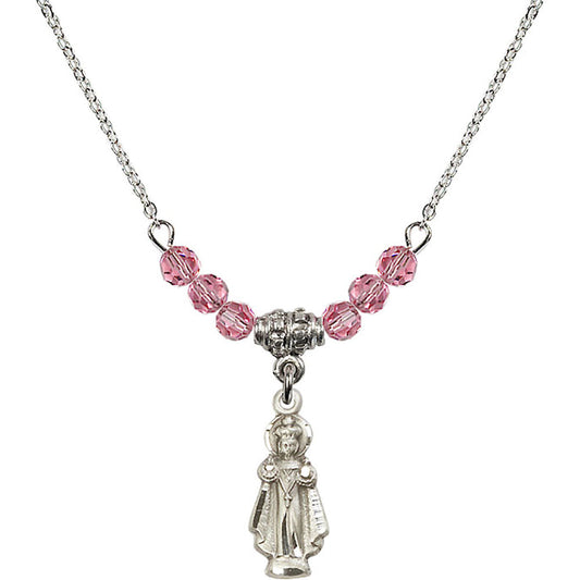 Sterling Silver Infant of Prague Birthstone Necklace with Rose Beads - 0823