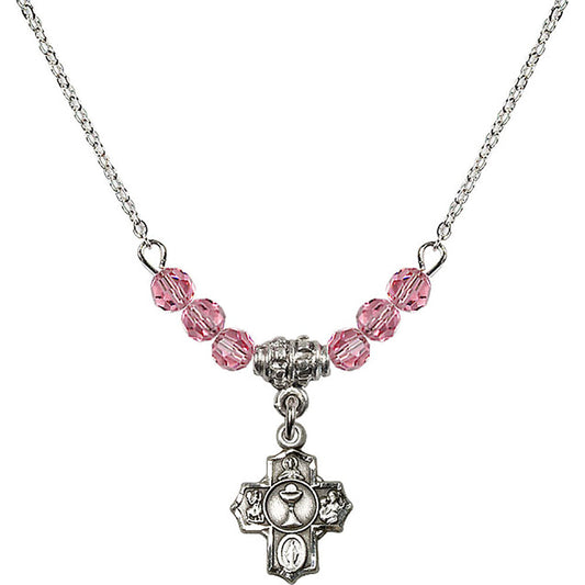 Sterling Silver Communion 5-Way Birthstone Necklace with Rose Beads - 0890