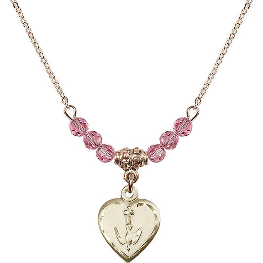 14kt Gold Filled Heart / Confirmation Birthstone Necklace with Rose Beads - 0891