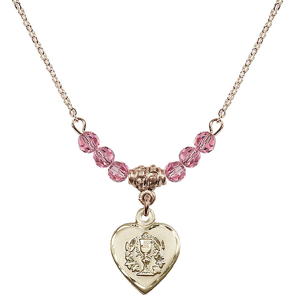14kt Gold Filled Heart / Communion Birthstone Necklace with Rose Beads - 0892