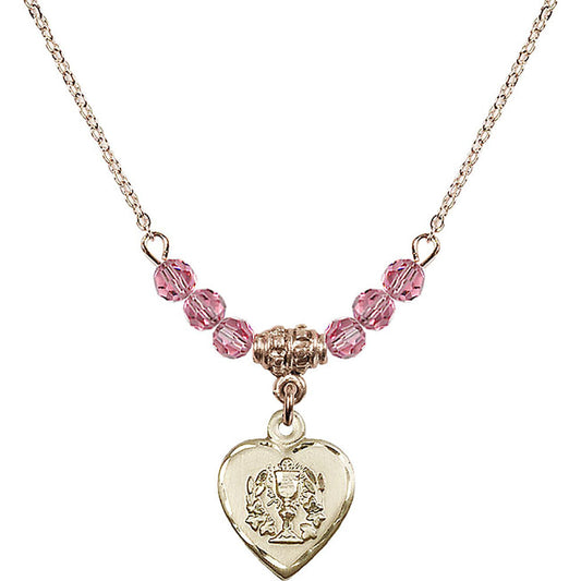 14kt Gold Filled Heart / Communion Birthstone Necklace with Rose Beads - 0892