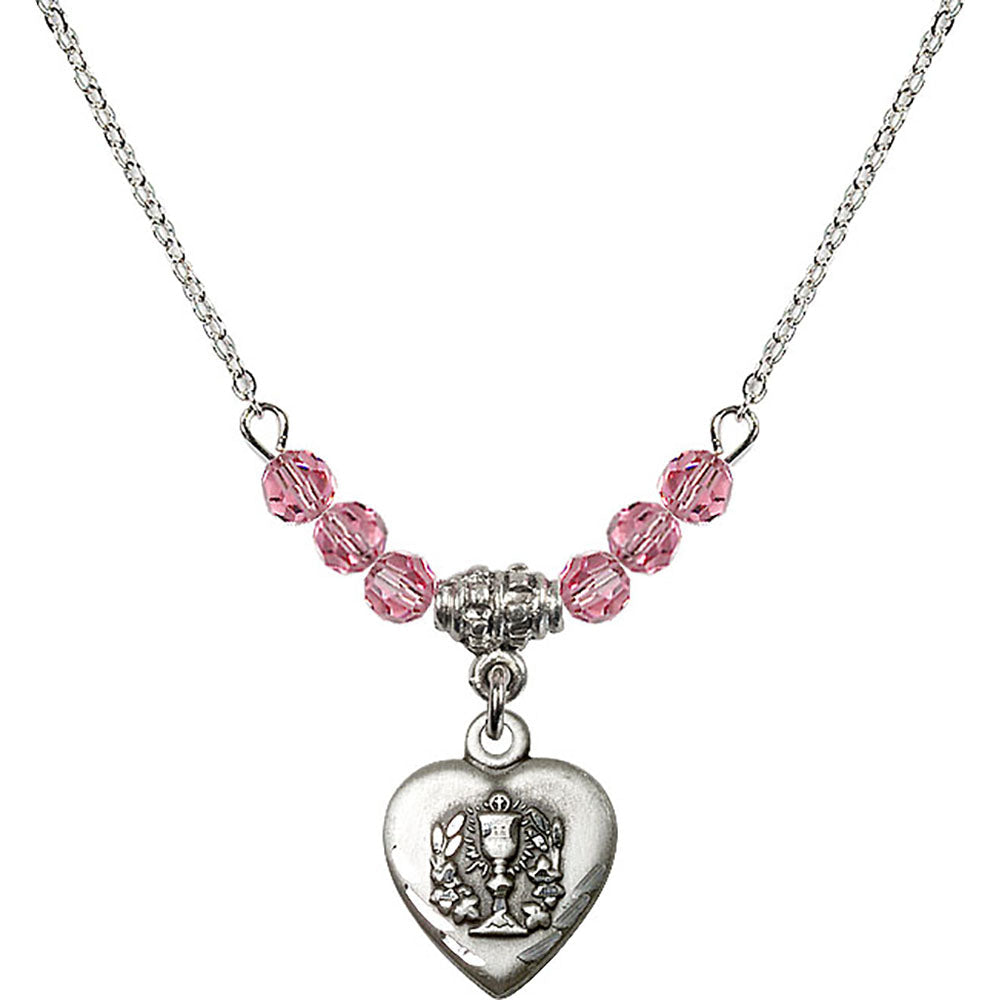 Sterling Silver Heart / Communion Birthstone Necklace with Rose Beads - 0892