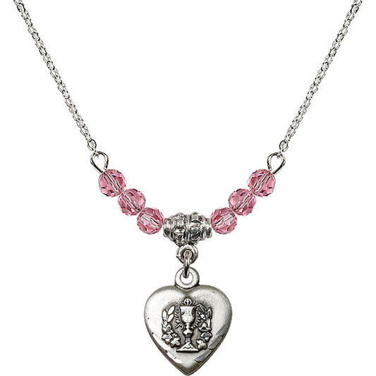Sterling Silver Heart / Communion Birthstone Necklace with Rose Beads - 0892