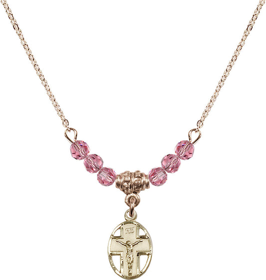 14kt Gold Filled Crucifix Birthstone Necklace with Rose Beads - 0978