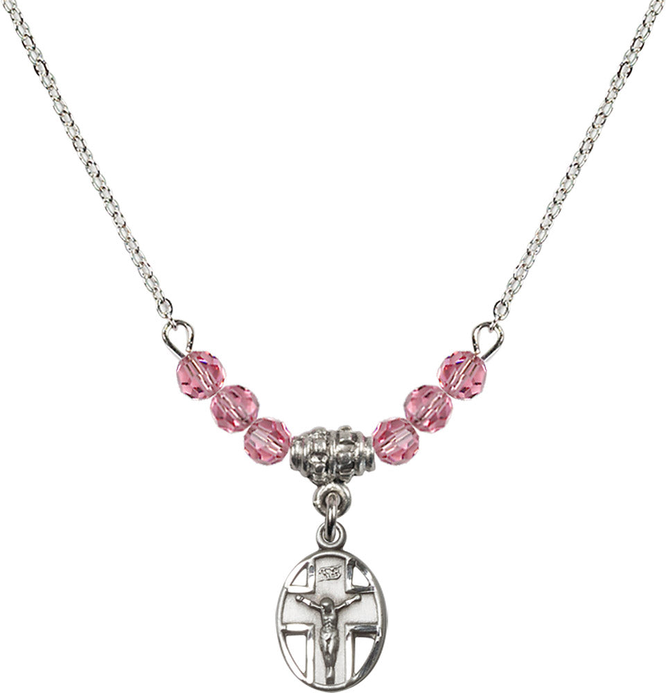 Sterling Silver Crucifix Birthstone Necklace with Rose Beads - 0978