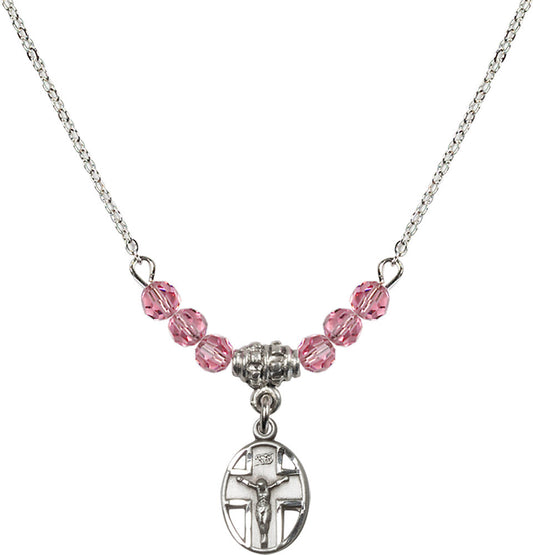 Sterling Silver Crucifix Birthstone Necklace with Rose Beads - 0978