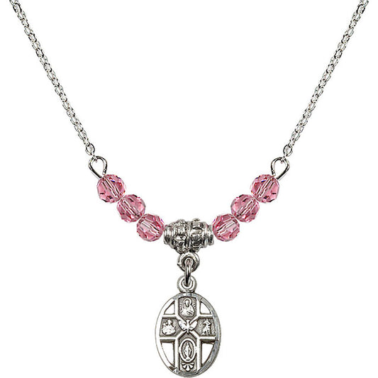 Sterling Silver 5-Way Birthstone Necklace with Rose Beads - 0980