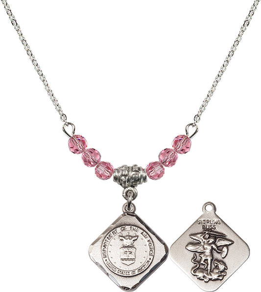 Sterling Silver Air Force Diamond Birthstone Necklace with Rose Beads - 1180