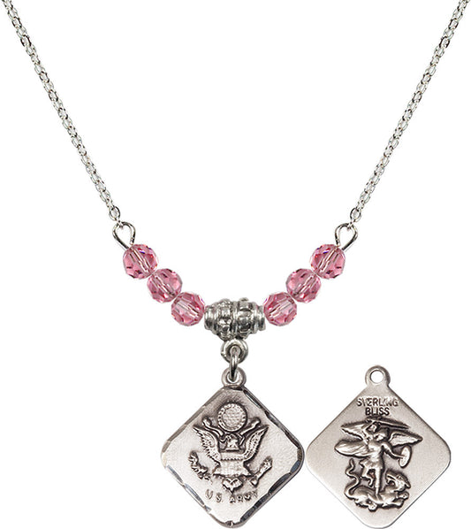 Sterling Silver Army Diamond Birthstone Necklace with Rose Beads - 1180