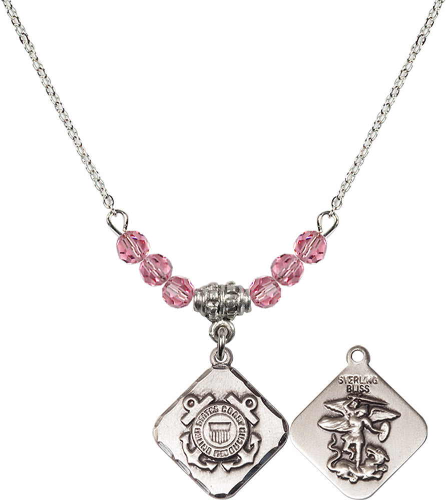 Sterling Silver Coast Guard Diamond Birthstone Necklace with Rose Beads - 1180
