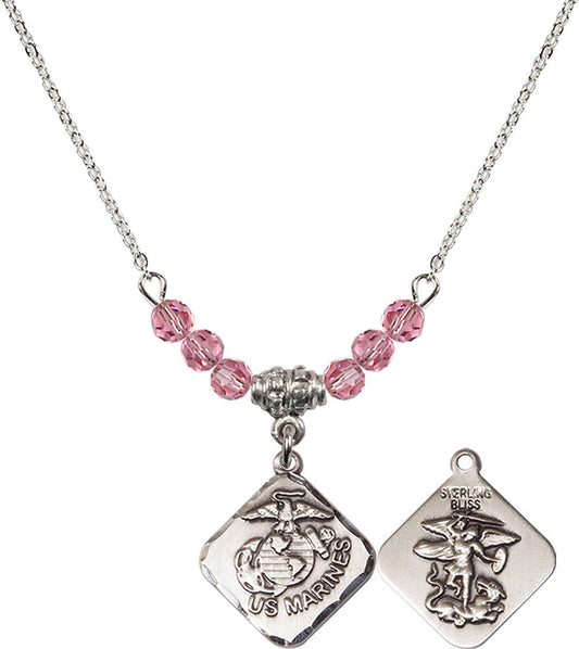Sterling Silver Marines Diamond Birthstone Necklace with Rose Beads - 1180