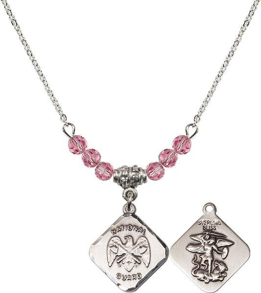 Sterling Silver Nat'l Guard Diamond Birthstone Necklace with Rose Beads - 1180