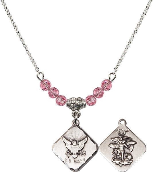 Sterling Silver Navy Diamond Birthstone Necklace with Rose Beads - 1180