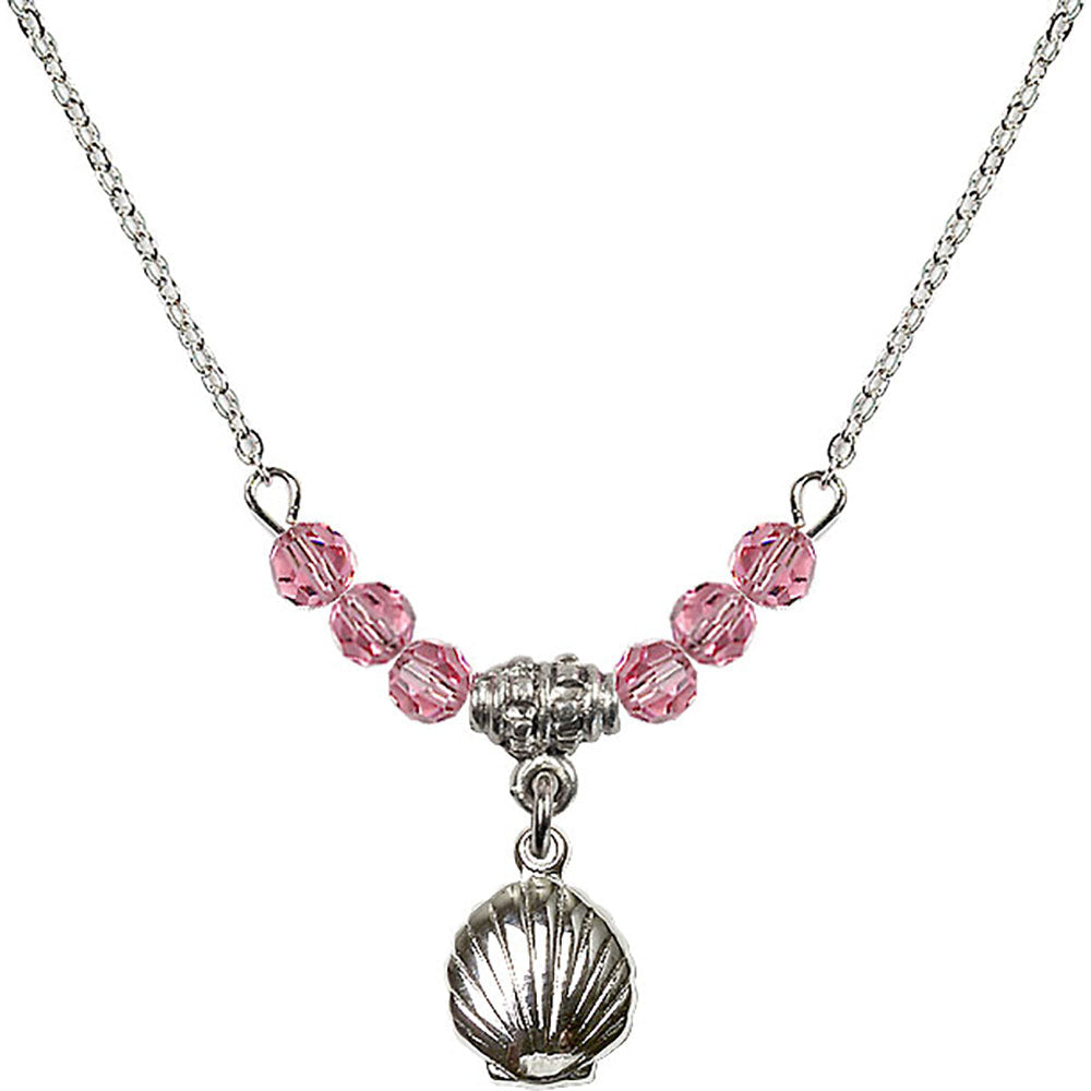 Sterling Silver Shell Birthstone Necklace with Rose Beads - 1260