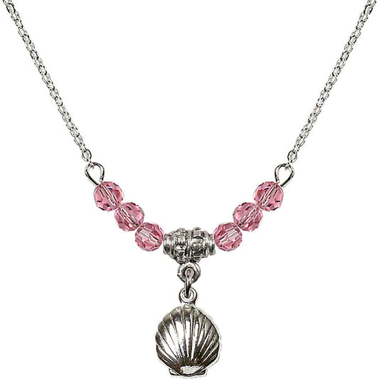 Sterling Silver Shell Birthstone Necklace with Rose Beads - 1260