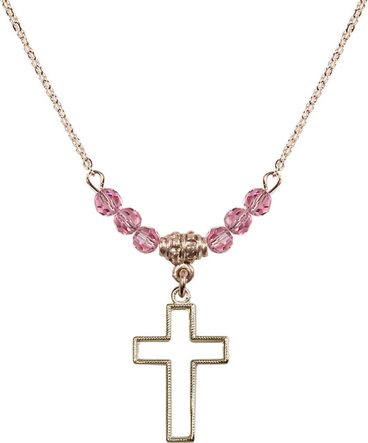 14kt Gold Filled Cross Birthstone Necklace with Rose Beads - 1708